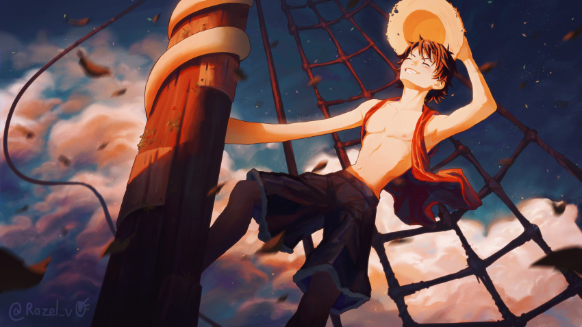 1boy absurdres artist_name bare_arms bare_shoulders black_hair cloud feet_out_of_frame grin happy hat highres holding holding_clothes holding_hat inktober male_focus mast monkey_d._luffy navel nipples nose one_piece outdoors razel_v0 red_vest scar scar_on_face ship short_hair shorts sidelighting sky smile solo standing straw_hat sunlight toned toned_male vest watercraft