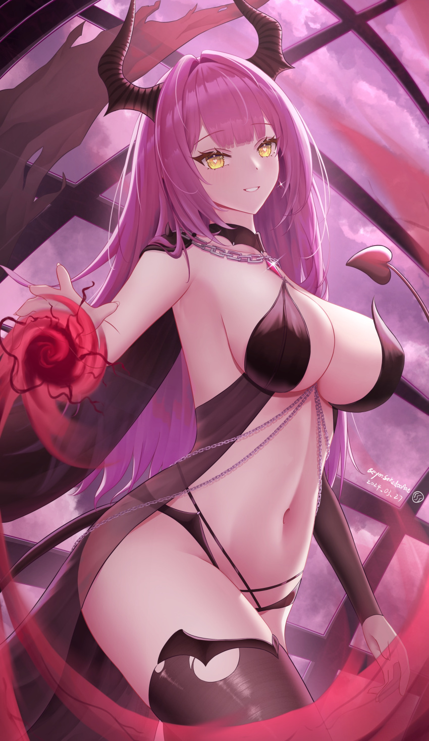 1girl absurdres artist_name azur_lane black_cape breasts brown_panties brown_sleeves brown_thighhighs cape casting_spell chain commentary cowboy_shot demon_horns demon_tail detached_sleeves devonshire_(azur_lane) devonshire_(sadistic_demon)_(azur_lane) eeyoosekedooaat electricity gem glowing glowing_eyes heart heart-shaped_pupils highres horns large_breasts long_hair looking_at_viewer magic official_alternate_costume panties purple_hair red_gemstone revealing_clothes see-through smile solo symbol-shaped_pupils tail thighhighs torn_clothes torn_thighhighs underwear yellow_eyes