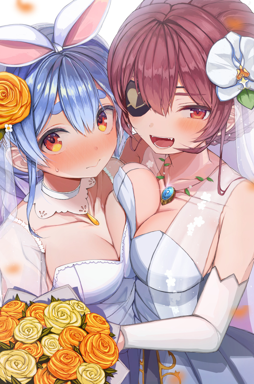 2girls :d absurdres blue_hair blush bouquet breast_press breasts cleavage collarbone commentary_request detached_sleeves dress eyepatch flower hair_flower hair_ornament hairband highres hololive houshou_marine jewelry kokutamotsu large_breasts looking_at_viewer medium_breasts multiple_girls necklace open_mouth orange_eyes orange_flower orange_rose rabbit-shaped_pupils red_eyes rose smile symbol-shaped_pupils usada_pekora virtual_youtuber wedding_dress white_dress white_hairband white_sleeves yellow_flower yellow_rose