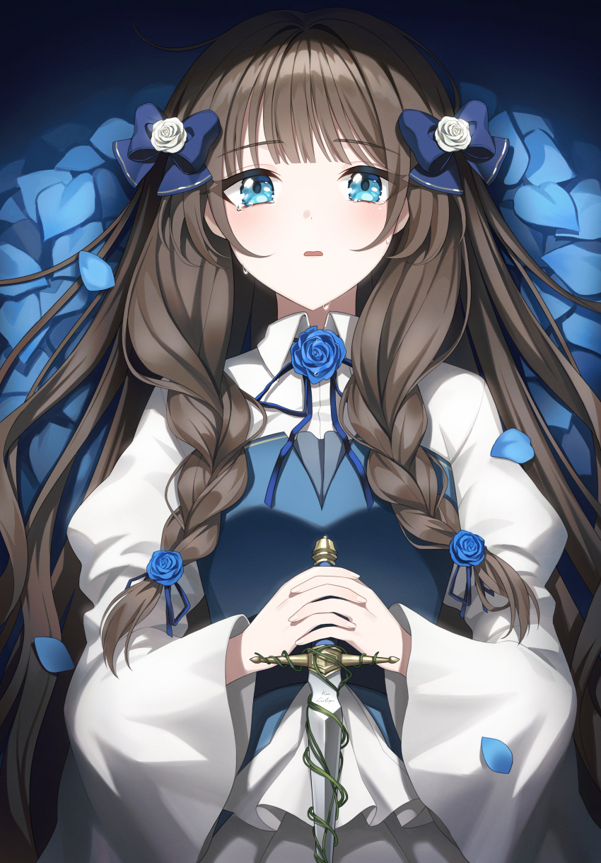 1girl absurdres aqua_eyes blue_bow blue_flower blue_petals blue_ribbon blue_rose bodice bow braid brooch brown_hair collared_shirt dagger dot_nose flower frilled_shirt frills from_above gold_trim hair_bow hair_flower hair_ornament hair_ribbon hara_(xper8243) highres holding holding_dagger holding_knife holding_weapon interlocked_fingers jewelry juliet_sleeves knife long_hair long_sleeves looking_at_viewer low_twin_braids lying neck_ribbon on_back original parted_lips petals puffy_sleeves ribbon rose rose_petals shirt sidelocks tearing_up tears twin_braids upper_body very_long_hair weapon white_shirt