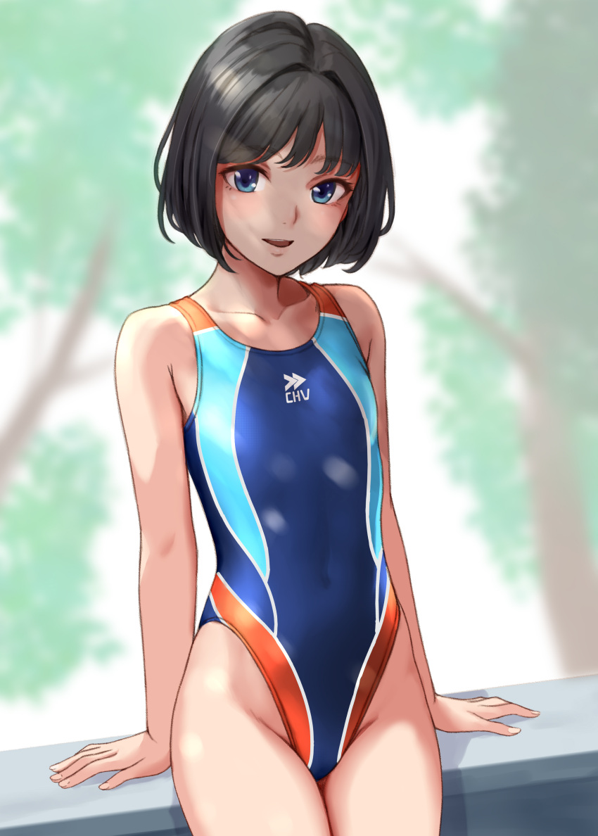 1girl absurdres black_hair blue_eyes blue_one-piece_swimsuit bob_cut breasts collarbone covered_navel cowboy_shot highleg highleg_swimsuit highres multicolored_clothes multicolored_swimsuit mutsumura_ryuuichi one-piece_swimsuit original short_hair sitting small_breasts solo swimsuit tree