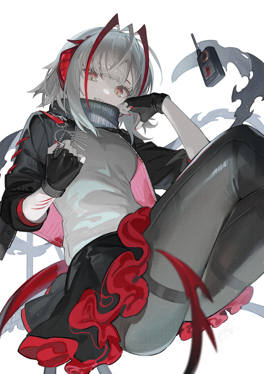1girl ahoge arknights black_gloves black_pants commentary_request controller fingerless_gloves gloves grey_hair grey_shirt hair_intakes highres jacket long_hair long_sleeves looking_at_viewer nao_(syn_eaa) pants pantyhose red_eyes remote_control shirt sidelocks simple_background sitting smile solo teeth w_(arknights) white_background