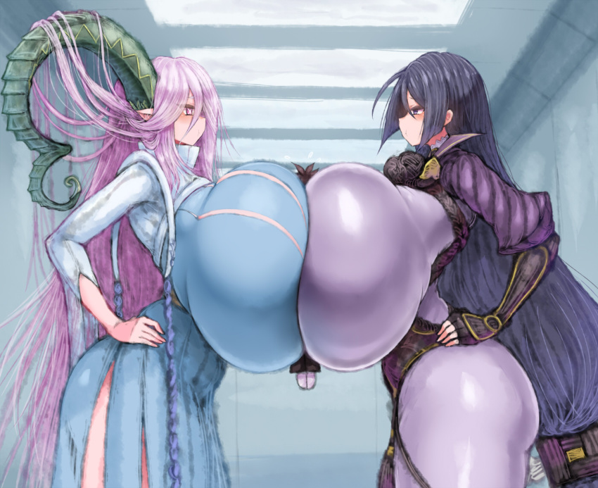 +_+ 1boy 2b-ge 2girls arm_guards armor ass bodysuit breast_press breasts commentary_request cowboy_shot curled_horns dress fate/grand_order fate_(series) from_side gigantic_breasts green_horns hair_on_horn hand_on_own_hip horns indoors japanese_armor large_horns long_hair long_horns looking_at_another low-tied_long_hair minamoto_no_raikou_(fate) multiple_girls parted_bangs person_between_breasts pink_eyes pink_hair pointy_ears purple_bodysuit purple_eyes purple_hair ribbed_dress ribbed_sleeves rope symbol-shaped_pupils symmetrical_docking tiamat_(fate) very_long_hair x-shaped_pupils yuri