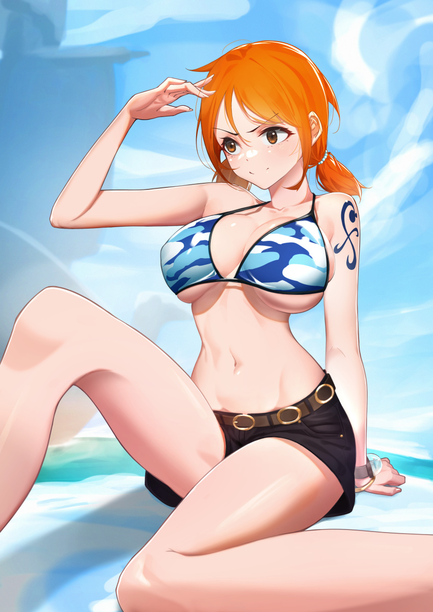 1girl absurdres arm_tattoo belt bikini bikini_top_only black_shorts blue_bikini bracelet breasts brown_belt brown_eyes closed_mouth collarbone gold_bracelet hand_up highres jewelry large_breasts low_twintails midorimae multicolored_bikini multicolored_clothes nami_(one_piece) navel one_piece orange_hair shadow shorts solo stomach swimsuit tattoo twintails white_bikini