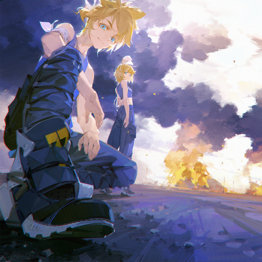 1boy 1girl a-shacho arm_scarf black_pants blonde_hair blue_eyes blue_theme bow chinese_commentary closed_mouth commentary_request crop_top explosion hair_bow hair_ornament hairclip highres kagamine_len kagamine_rin on_one_knee outdoors pants ponytail ready_steady_(vocaloid) short_hair short_ponytail siblings sleeveless smoke standing tank_top twins vocaloid