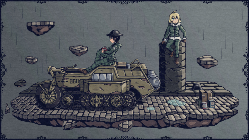 2girls absurdres black_eyes black_hair blonde_hair blue_eyes book brodie_helmet broken_ground brown_footwear chito_(shoujo_shuumatsu_ryokou) coat cobblestone combat_helmet drum_(container) fur-trimmed_coat fur_trim green_coat green_jacket green_pants grey_background helmet highres jacket kettenkrad leg_up military military_uniform military_vehicle monsoonmichael multiple_girls no_headwear pants pillar shoujo_shuumatsu_ryokou sitting stahlhelm uniform yuuri_(shoujo_shuumatsu_ryokou)