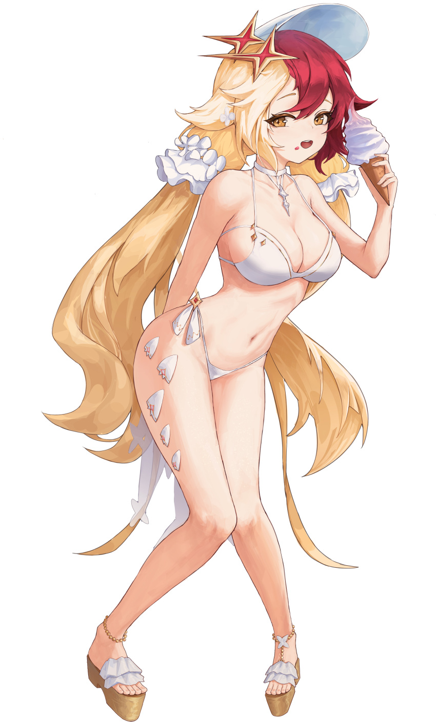 absurdres alchemy_stars arm_behind_back bikini blonde_hair breasts cleavage food food_on_face frilled_hairband frills full_body gronru_(alchemy_stars) gronru_(day_at_the_aquarium)_(alchemy_stars) hair_between_eyes hair_ornament hairband highres holding holding_ice_cream_cone ice_cream_cone kccc_(kuochengbencheng) knees_together_feet_apart long_hair looking_at_viewer medium_breasts multicolored_hair navel open_mouth pearl_anklet platform_footwear red_hair sandals sideboob simple_background smile star_(symbol) star_hair_ornament stomach swimsuit teeth toes twintails two-tone_hair upper_teeth_only very_long_hair white_background white_bikini yellow_eyes