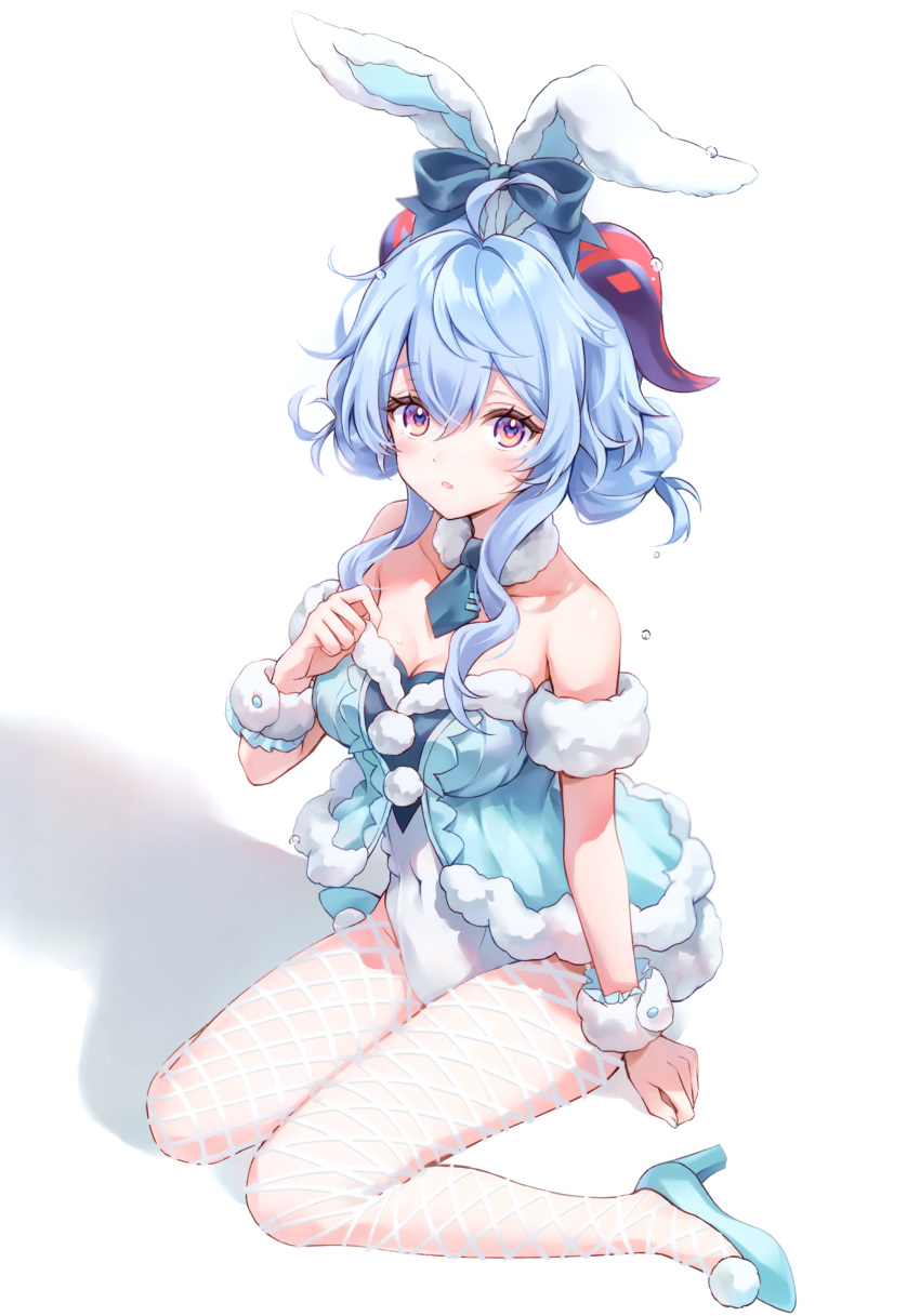 1girl absurdres ahoge amaki_ruto animal_ears bare_shoulders bicute_bunnies_miku blue_hair breasts cleavage collarbone cosplay covered_navel detached_collar double_bun fake_animal_ears fingernails fishnet_pantyhose fishnets full_body fur_trim ganyu_(genshin_impact) genshin_impact hair_bun hair_ornament hand_up hatsune_miku hatsune_miku_(cosplay) high_heels highres long_hair looking_at_viewer medium_breasts necktie pantyhose parted_lips purple_eyes rabbit_ears ribbon scan shadow shiny_skin simple_background sitting solo sweat sweatdrop vocaloid white_background wrist_cuffs