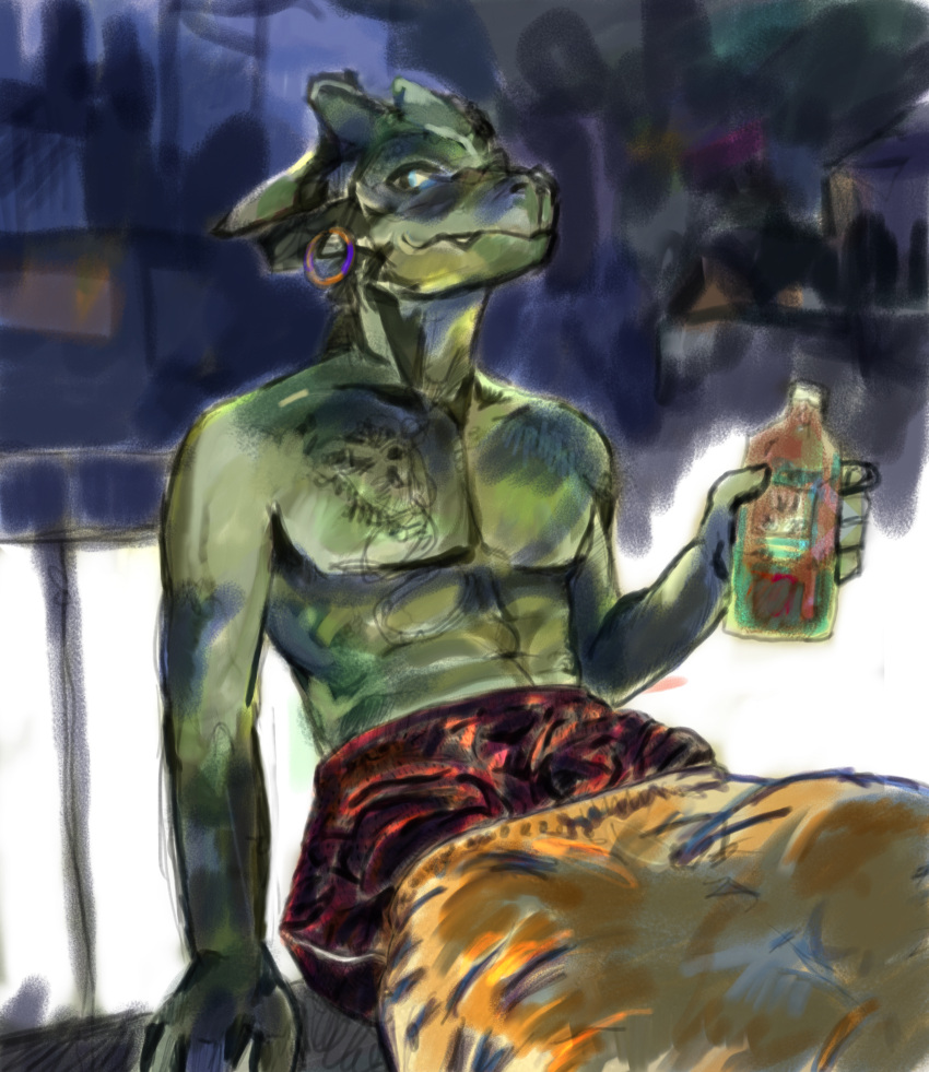 alcohol anthro athletic_wear basketball_shorts beverage bottomwear boxers_(clothing) chest_tattoo chilling clothing dragon dragonborn_(dnd) drunk dungeons_and_dragons ear_piercing ear_ring gym_bottomwear gym_shorts hasbro hi_res hoop_ear_ring male mythological_creature mythological_scalie mythology piercing ring_piercing scalie shirtless_male shorts silk solo substance_intoxication swordsofsevens tattoo underwear wizards_of_the_coast