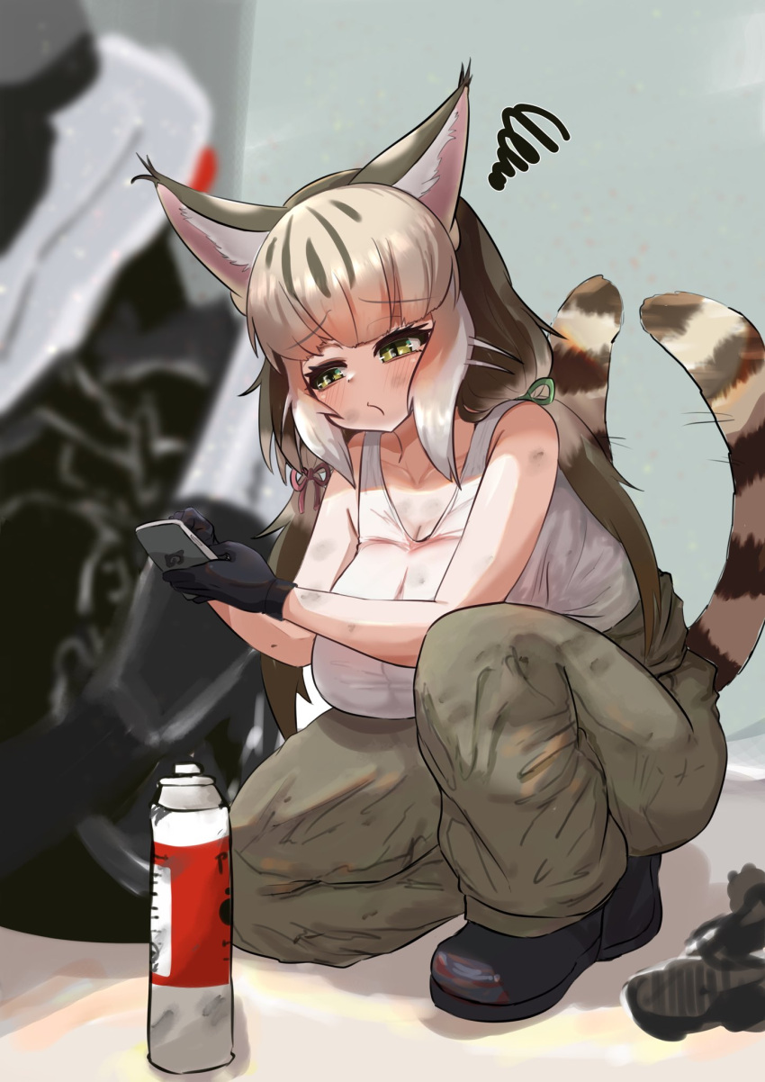 1girl akaisuto animal_ears boots breasts cat_ears cat_girl cat_tail cellphone extra_ears gloves green_eyes grey_hair highres jungle_cat_(kemono_friends) kemono_friends kemono_friends_v_project large_breasts long_hair motor_vehicle pants phone ribbon smartphone solo tail tank_top twintails virtual_youtuber