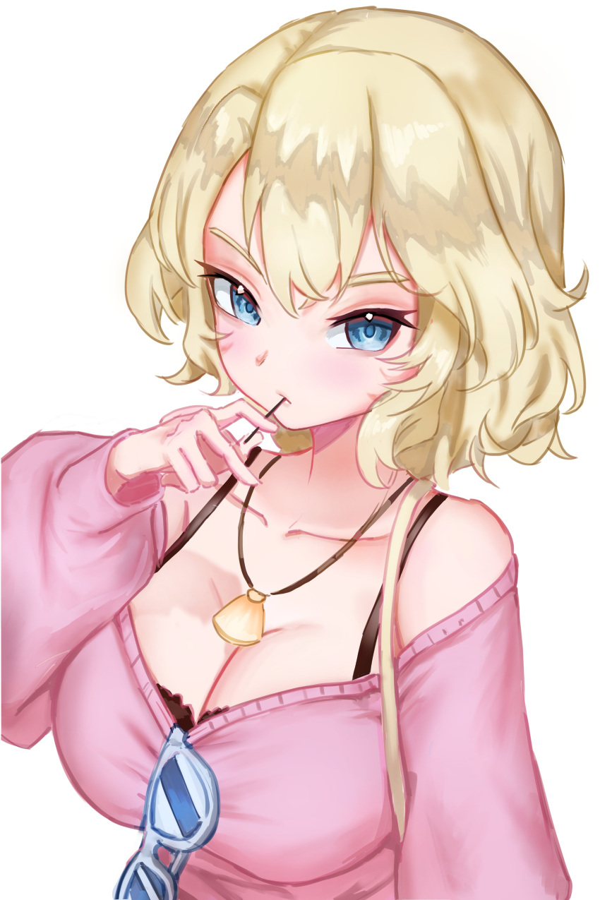 1girl absurdres black_bra blonde_hair blue_eyes bra breasts cleavage collarbone eien_project eyewear_hang highres jewelry lunarisbloom necklace off_shoulder pink_sweater shadow short_hair skye_shinryu solo sweater underwear unworn_eyewear upper_body virtual_youtuber white_background