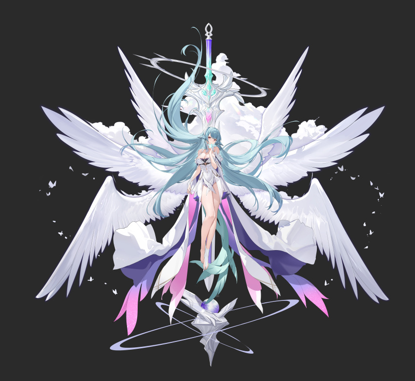 1girl absurdres angel_wings ao_la_xing aqua_hair baiyu_(ao_la_xing) bare_legs black_background breasts cleavage closed_mouth feathered_wings full_body hair_spread_out highres huge_weapon incredibly_absurdres large_breasts legs_together long_hair looking_at_viewer miqilinfeizainie multiple_wings official_art red_eyes simple_background solo sword sword_behind_back tachi-e very_long_hair weapon white_wings wings