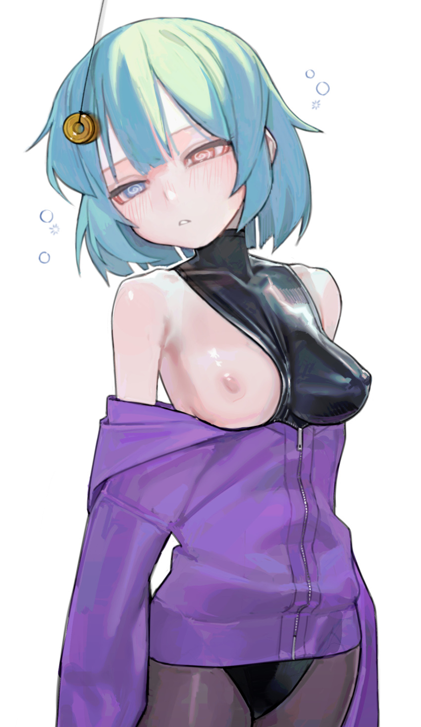 1girl @_@ absurdres bare_shoulders black_leotard blue_eyes blue_hair breasts coin coin_on_string collarbone covered_nipples half-closed_eyes heterochromia highres hypnosis jacket latex latex_leotard leotard medium_breasts mind_control nipples off_shoulder one_breast_out pantyhose parted_lips partially_unzipped purple_jacket red_eyes saaal653 shiny_clothes short_hair solo squeans standing tatara_kogasa touhou