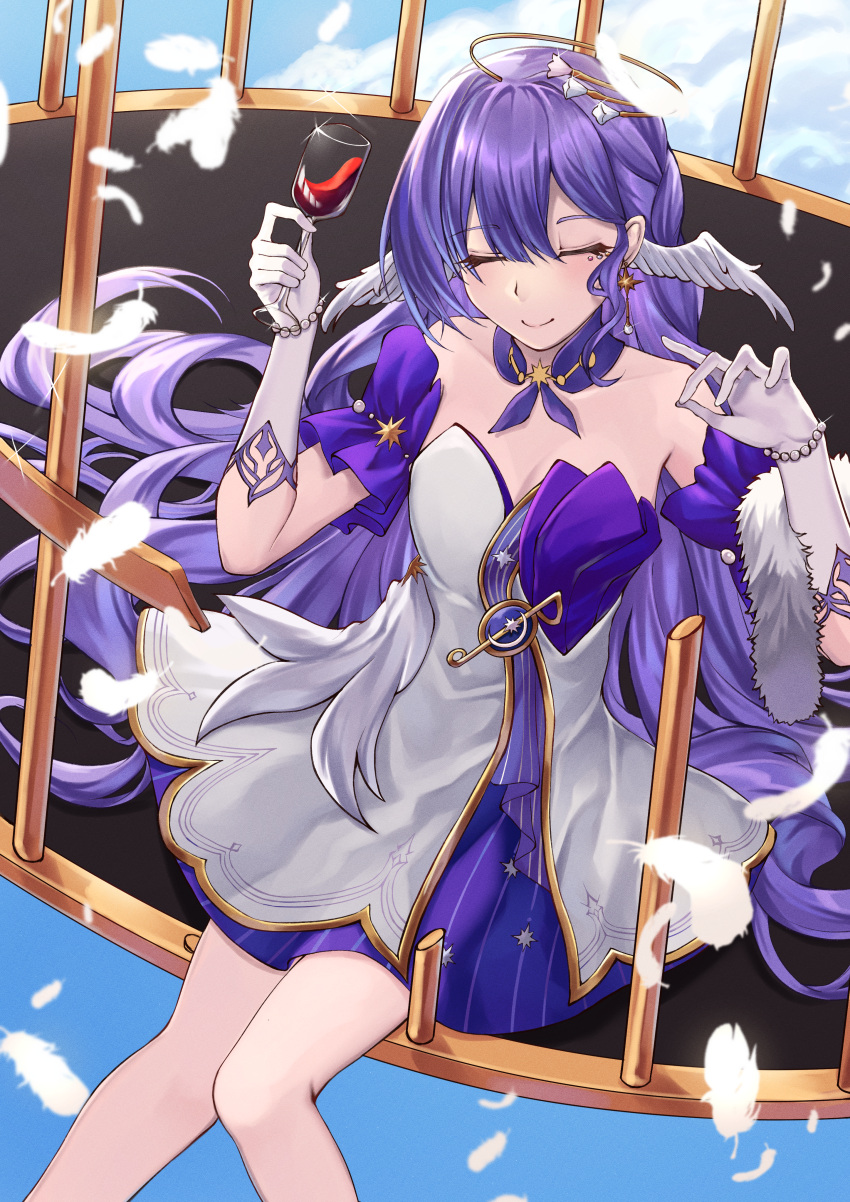 1girl absurdres bare_shoulders bead_bracelet beads bracelet breasts choker cleavage closed_eyes commentary cup detached_sleeves dress drinking_glass feathers feet_out_of_frame head_wings highres holding holding_cup honkai:_star_rail honkai_(series) jewelry long_hair purple_choker purple_hair robin_(honkai:_star_rail) short_sleeves sitting solo strapless strapless_dress tapume very_long_hair white_dress wine_glass wings