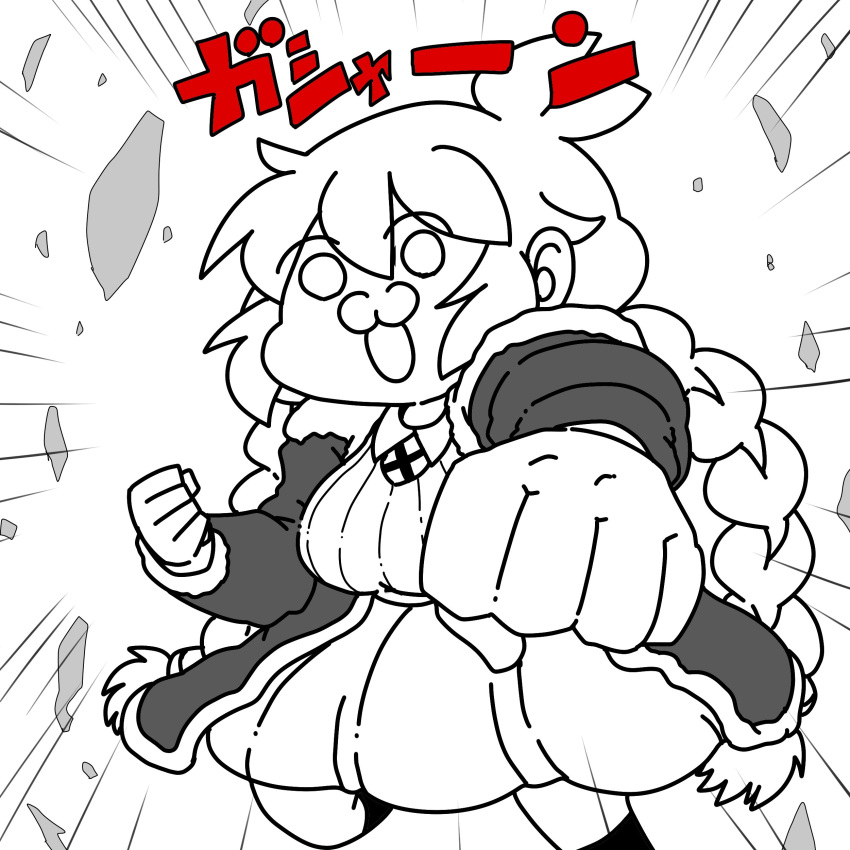 1girl :3 absurdres antenna_hair braid breaking breasts clenched_hands collared_shirt commentary_request daitouryou_(_saru_) dress greyscale highres jacket kizuna_akari large_breasts long_hair long_sleeves looking_at_viewer low_twin_braids monochrome open_clothes open_jacket open_mouth punching shards shirt simple_background solo spot_color translation_request twin_braids very_long_hair voiceroid