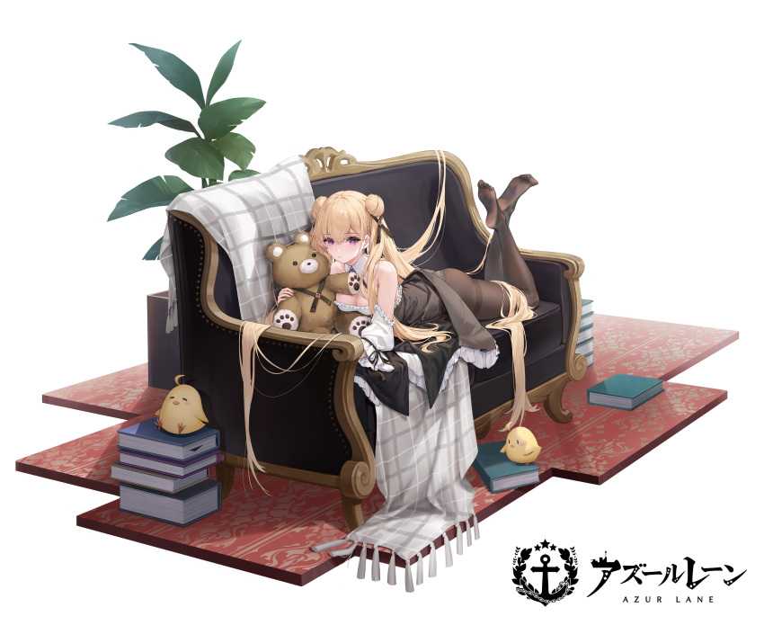 1girl absurdres ass azur_lane bare_shoulders black_pantyhose blonde_hair breasts chestnut_mouth cleavage closed_mouth commentary_request copyright_name detached_sleeves double_bun feet hair_bun hair_ornament highres holding holding_stuffed_toy legs logo long_hair looking_at_viewer lying manjuu_(azur_lane) medium_breasts ng_jie no_shoes official_alternate_costume official_art on_stomach pantyhose purple_eyes royal_oak_(azur_lane) royal_oak_(bashful_oak)_(azur_lane) soles stuffed_toy the_pose thighband_pantyhose toes underwear very_long_hair