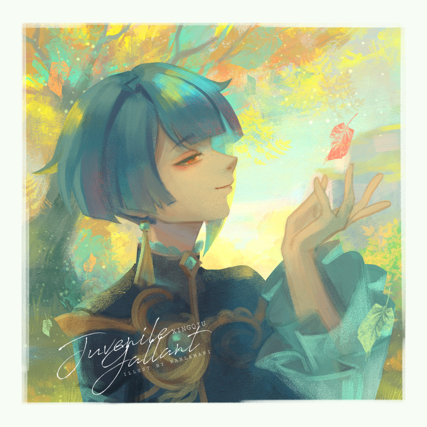 1boy artist_name asymmetrical_hair autumn_leaves blue_coat blue_hair blue_sky blue_sleeves blunt_bangs blunt_ends border bush character_name closed_mouth coat collared_coat commentary day earrings english_commentary english_text eyelashes eyeshadow falling_leaves frilled_sleeves frills genshin_impact hand_up high_collar highres jewelry kanlamari lace-trimmed_collar lace_trim leaf light_particles long_sleeves looking_at_object makeup male_focus orange_eyes outdoors red_eyeshadow rock short_hair sky smile solo tassel tassel_earrings tree upper_body vision_(genshin_impact) watermark white_border xingqiu_(genshin_impact)