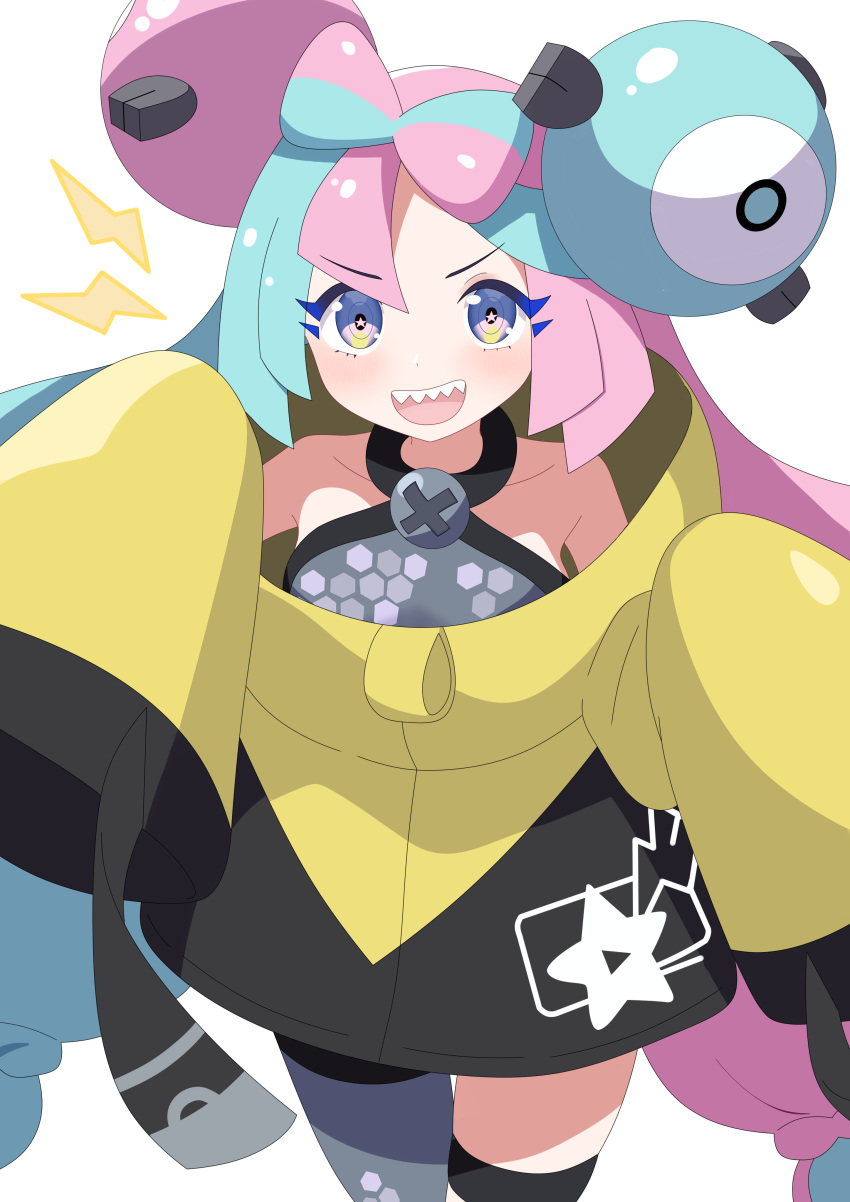 1girl :d absurdres baozi_9527 blush bow-shaped_hair character_hair_ornament collarbone commentary_request green_hair grey_shirt hair_ornament highres iono_(pokemon) jacket lightning_bolt_symbol looking_at_viewer multicolored_hair open_mouth pink_hair pokemon pokemon_sv shirt single_leg_pantyhose sleeveless sleeveless_shirt sleeves_past_fingers sleeves_past_wrists smile solo teeth thigh_strap two-tone_hair upper_teeth_only white_background yellow_jacket
