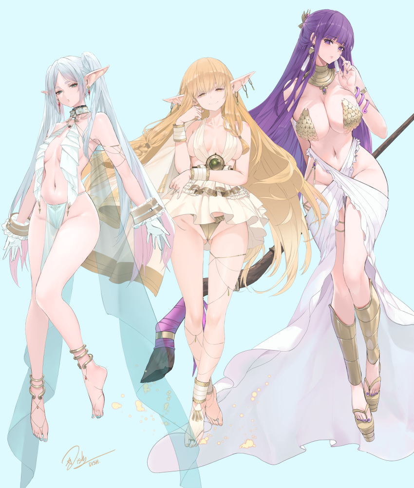 3girls absurdres alternate_costume anklet ass_visible_through_thighs barefoot blonde_hair blue_background blush breast_curtains breasts cleavage closed_eyes closed_mouth dishwasher1910 dress earrings elf english_commentary feet fern_(sousou_no_frieren) frieren full_body green_eyes grey_hair hair_ornament hand_up highres jewelry long_hair looking_at_viewer medium_breasts multiple_girls nail_polish navel parted_bangs pelvic_curtain pointy_ears purple_eyes purple_hair purple_nails serie_(sousou_no_frieren) short_dress signature simple_background small_breasts sousou_no_frieren toenail_polish toenails twintails white_dress yellow_eyes