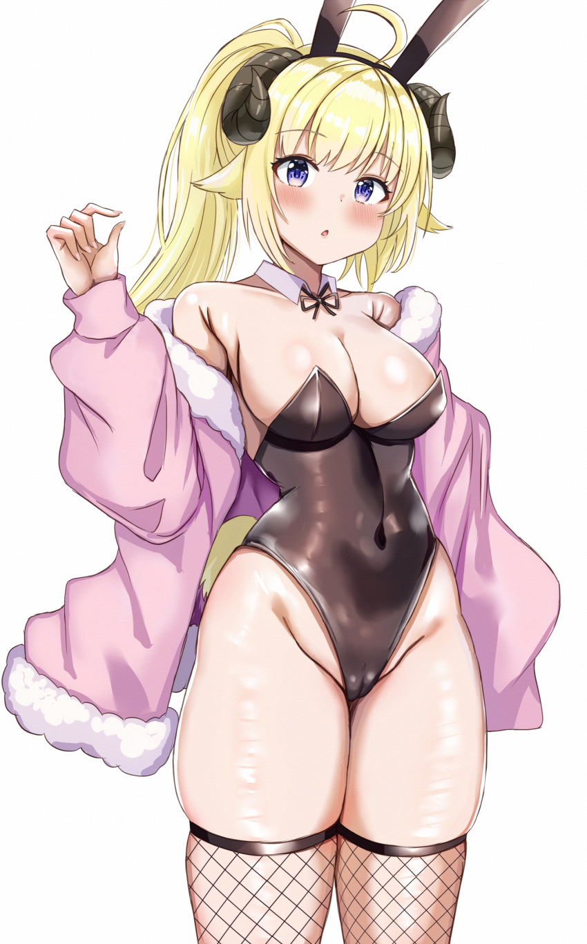 1girl absurdres alternate_costume animal_ears black_leotard blonde_hair blush breasts cleavage collar covered_navel detached_collar fake_animal_ears fishnet_thighhighs fishnets fur-trimmed_jacket fur_trim highres hololive horns jacket large_breasts leotard long_hair looking_at_viewer nootomo open_mouth pink_jacket playboy_bunny ponytail purple_eyes rabbit_ears sheep_ears sheep_girl sheep_horns sheep_tail strapless strapless_leotard tail thighhighs tsunomaki_watame virtual_youtuber white_background white_collar