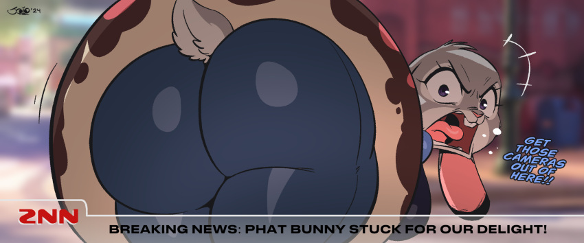 2024 angry anthro big_butt buckteeth butt clothed clothing dialogue disney emanata english_text female hi_res huge_butt joaoppereiraus judy_hopps lagomorph leporid looking_at_viewer looking_back looking_back_at_viewer mammal open_mouth pivoted_ears police police_uniform purple_eyes rabbit scut_tail short_tail solo tail teeth text thick_thighs tongue uniform zootopia