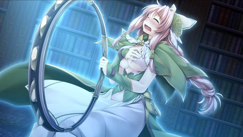 1girl atelier-moo braid breasts cleavage closed_eyes full_body hair_between_eyes hair_ribbon highres holding holding_instrument instrument large_breasts long_hair narrow_waist nina_lazydaisy open_mouth pink_hair ribbon sitting solo tambourine tearing_up twin_braids very_long_hair wavy_mouth wizards_symphony