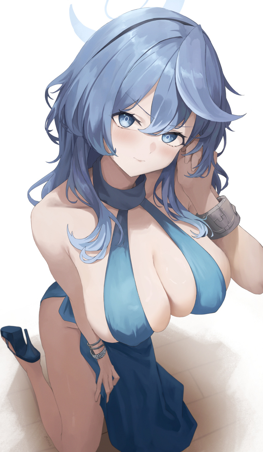 1girl ako_(blue_archive) ako_(dress)_(blue_archive) black_hairband blue_archive blue_dress blue_eyes blue_footwear blue_hair blue_halo blush breasts cleavage closed_mouth cuffs dress earrings hair_between_eyes hairband halo handcuffs high_heels highres jewelry kneeling large_breasts long_hair looking_at_viewer nev_(nevblindarts) official_alternate_costume sideboob sleeveless sleeveless_dress solo