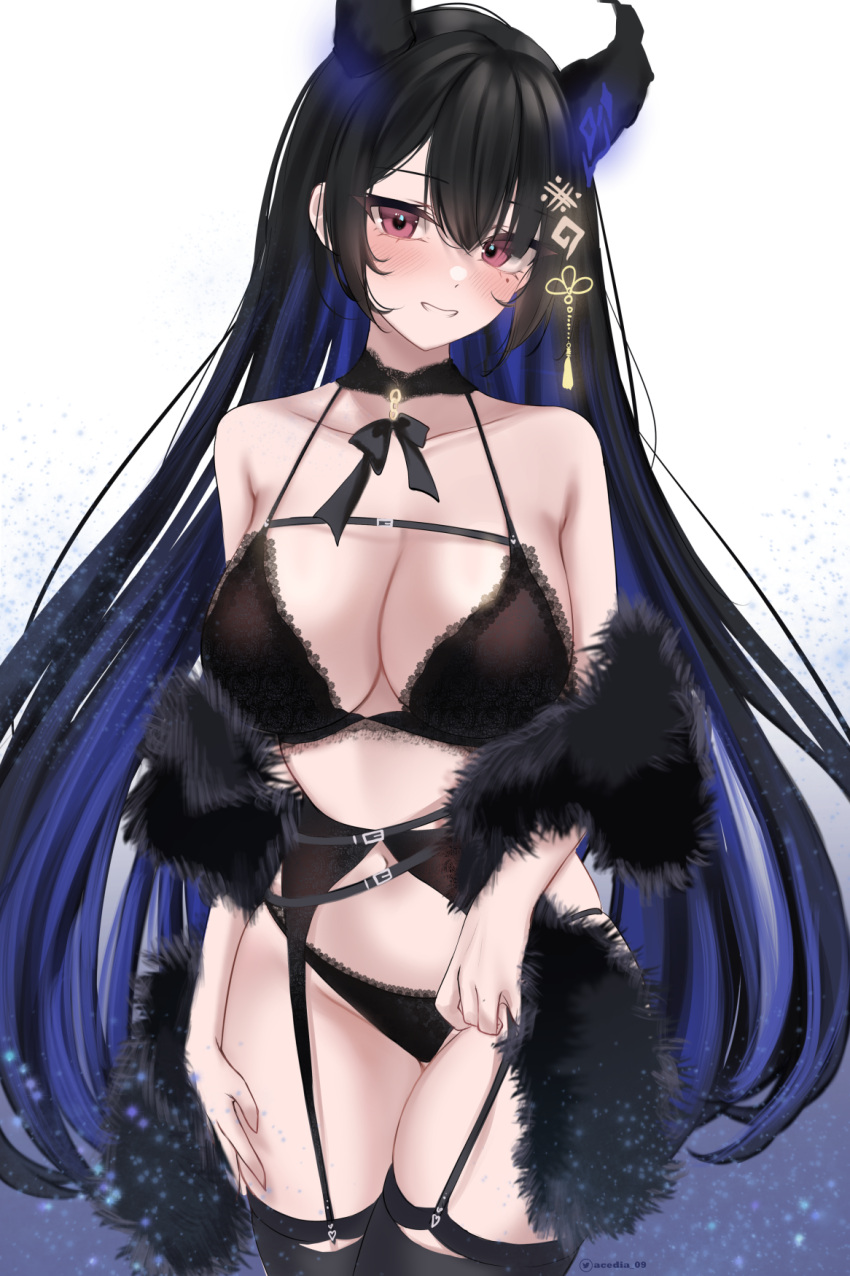 1girl acedia asymmetrical_horns bare_shoulders belt black_belt black_bra black_garter_belt black_hair black_panties black_thighhighs blue_hair blush bow bow_choker bra breasts choker collarbone colored_inner_hair crystal_horn demon_horns fur_scarf garter_belt gradient_background hair_ornament halterneck highres hololive hololive_english horns lace lace-trimmed_bra lace-trimmed_panties lace_trim large_breasts lingerie long_hair looking_at_viewer mole mole_under_eye multicolored_hair navel nerissa_ravencroft panties red_eyes smile solo tassel tassel_hair_ornament thighhighs two-tone_hair underwear underwear_only uneven_horns very_long_hair virtual_youtuber