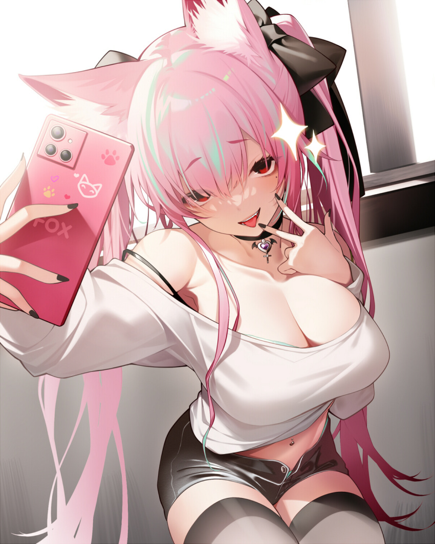 1girl animal_ear_fluff animal_ears black_bow black_choker black_nails black_shorts black_thighhighs blush bow bra bra_peek breasts cellphone choker cleavage cross english_text fox_ears fox_girl fox_print green_hair highres large_breasts looking_at_viewer multicolored_hair navel navel_piercing nekomu open_fly open_mouth original panties panty_peek paw_print phone piercing pink_hair red_eyes shirt short_shorts shorts smartphone solo teeth thighhighs tongue tongue_out twintails underwear v white_shirt window