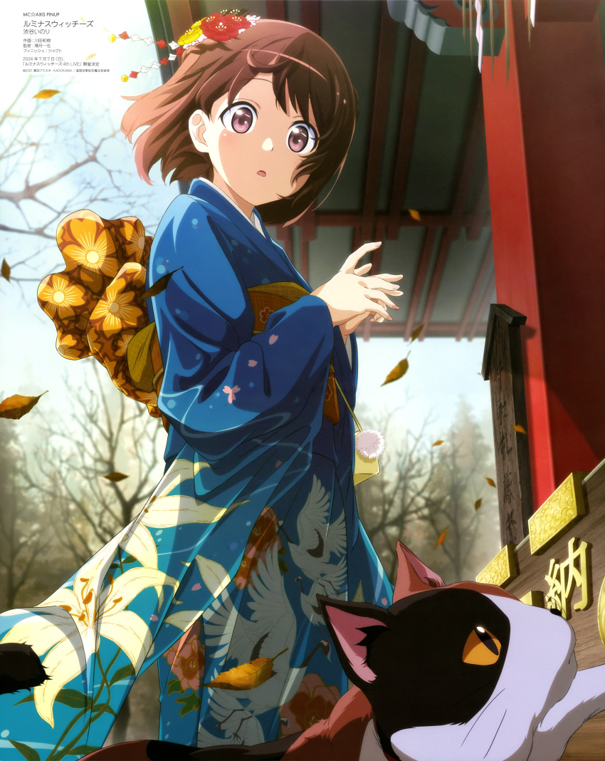 1girl :o absurdres autumn_leaves blue_kimono braid branch brown_eyes brown_hair calico cat day flower hair_flower hair_ornament highres japanese_clothes kawata_kazuki kimono looking_at_viewer luminous_witches mc_axis obi open_mouth outdoors own_hands_together print_kimono sash shibuya_inori short_hair shrine tree world_witches_series