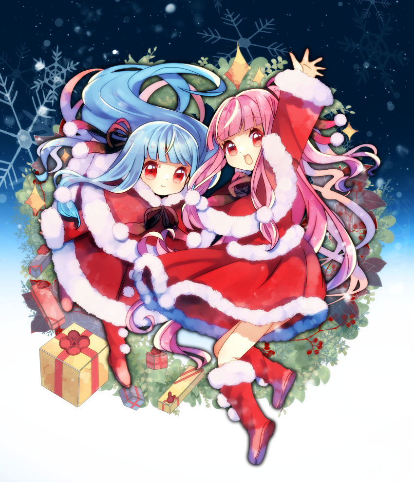2girls abstract_background absurdres alternate_costume arm_up blue_background blue_hair blunt_bangs boots capelet christmas christmas_present christmas_wreath closed_mouth commentary_request dress floating_hair full_body fur-trimmed_boots fur-trimmed_capelet fur-trimmed_shirt fur-trimmed_skirt fur_trim gift gradient_background highres knee_boots kotonoha_akane kotonoha_aoi light_particles long_hair long_sleeves looking_at_viewer low-tied_sidelocks multiple_girls one_side_up open_mouth oyasumi_makura pink_hair pom_pom_(clothes) red_capelet red_eyes red_footwear red_shirt red_skirt santa_costume santa_dress shirt siblings sisters skirt smile snowflakes snowing voiceroid waving white_background wreath