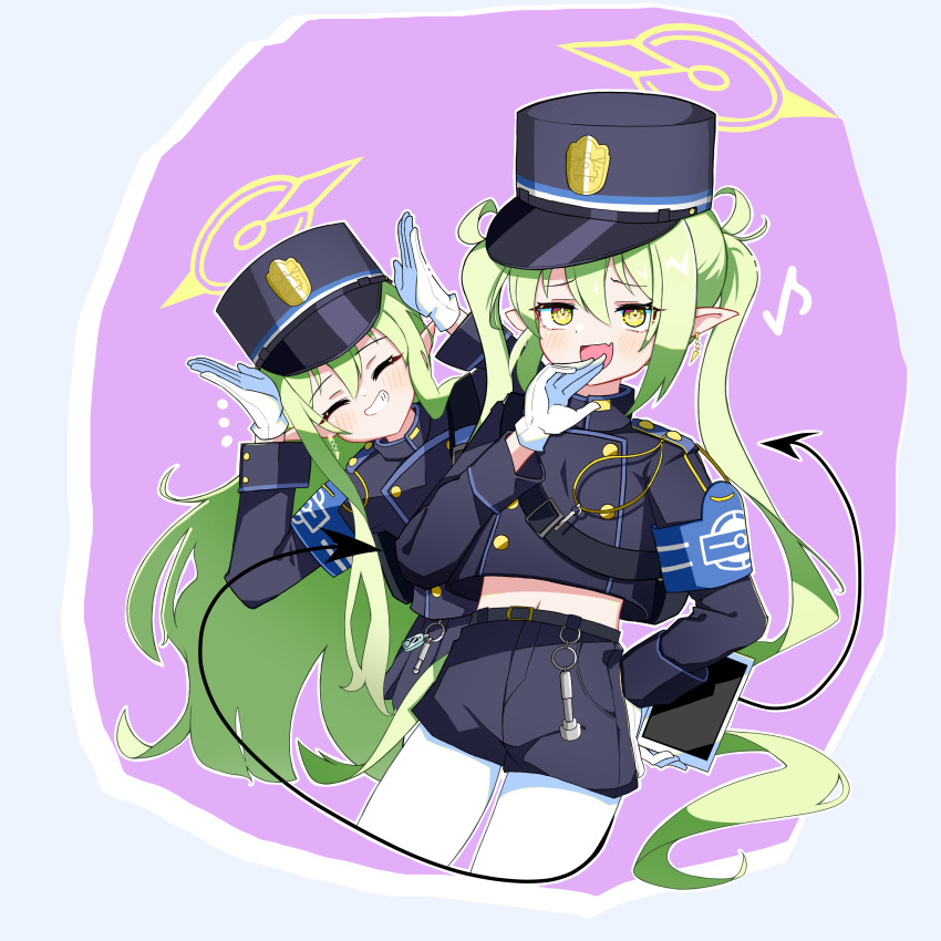 2girls absurdres black_hat black_jacket black_shorts black_tail blue_archive blush closed_eyes earrings fang green_hair green_halo grin hair_between_eyes halo hat highlander_sidelocks_conductor_(blue_archive) highlander_twintails_conductor_(blue_archive) highres jacket jewelry long_hair long_sleeves multiple_girls open_mouth pantyhose peaked_cap pointy_ears qri shorts single_earring skin_fang smile white_pantyhose yellow_eyes