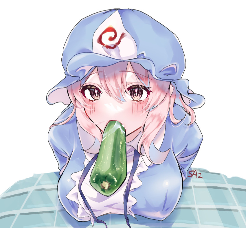 1girl blue_hat blue_kimono blush breast_rest breasts breasts_on_table ellen_drawing food food_in_mouth food_request frilled_hat frilled_kimono frills green_eyes hat highres japanese_clothes kimono large_breasts long_sleeves looking_at_viewer medium_hair mob_cap pink_hair pocky pocky_kiss saigyouji_yuyuko simple_background solo touhou white_background