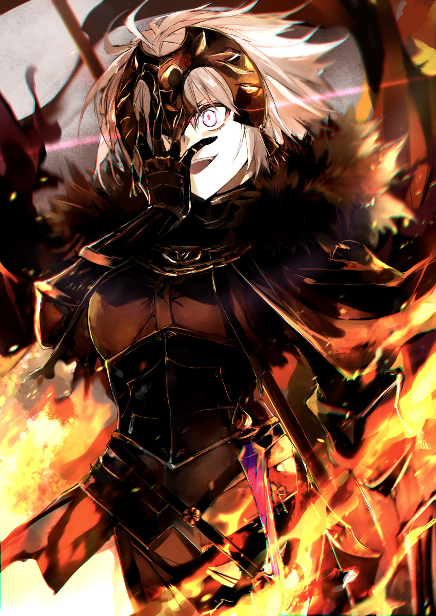 1girl absurdres armor armored_dress black_dress breasts chain collar dress fate/grand_order fate_(series) faulds fire flag gauntlets grey_hair headpiece highres jeanne_d'arc_alter_(avenger)_(fate) jeanne_d'arc_alter_(fate) kino_kokko large_breasts metal_collar open_mouth plackart polearm short_hair smile sword weapon yellow_eyes