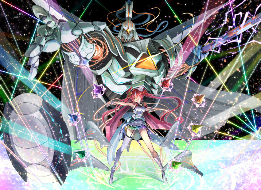 absurdres arm_up armpits asymmetrical_footwear asymmetrical_legwear boots breasts cape character_request commentary_request confetti copyright_request dress electricity highres holding large_breasts long_hair mecha mindori multicolored_hair neon_lights one_eye_closed red_cape red_hair robot single_thighhigh sleeveless streaked_hair teeth thighhighs twintails two-tone_hair white_dress white_footwear white_hair white_thighhighs