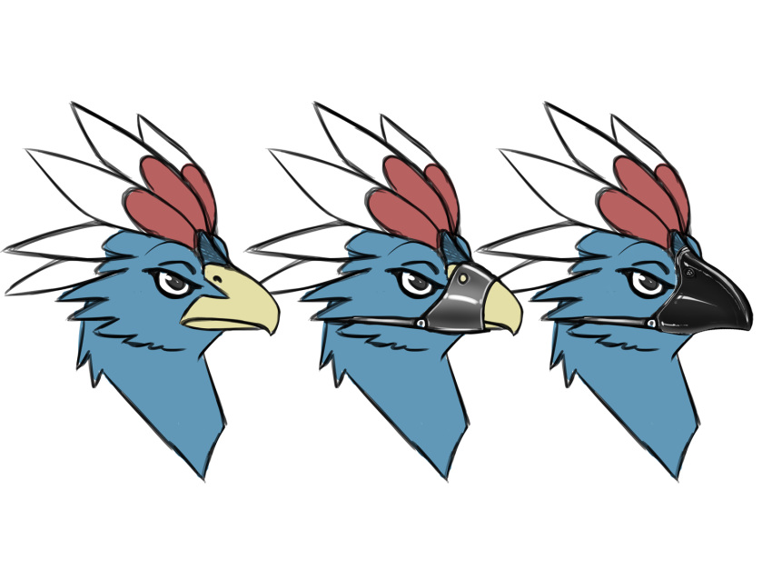 adeer ambiguous_form ambiguous_gender avian beak bird black_eyes blue_body blue_feathers feathers headshot_portrait hi_res multiple_versions muzzle_(object) muzzled portrait red_body red_feathers simple_background solo white_background white_body white_feathers yellow_beak