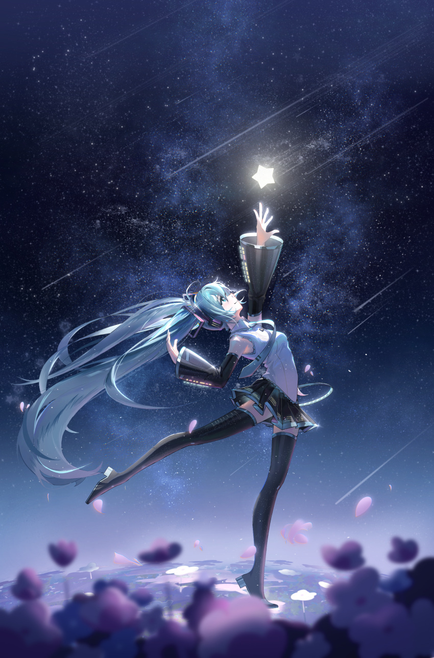 1girl absurdres arm_up black_skirt black_sleeves black_thighhighs blue_eyes blue_hair blue_necktie blurry blurry_foreground detached_sleeves floating_hair from_side full_body hatsune_miku highres long_hair long_sleeves looking_up miniskirt necktie night outdoors pleated_skirt profile shirt shoene skirt sky sleeveless sleeveless_shirt solo standing standing_on_one_leg star_(sky) starry_sky thighhighs twintails very_long_hair vocaloid white_shirt zettai_ryouiki