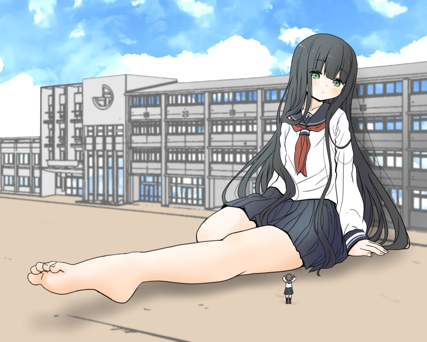 2girls barefoot black_hair black_socks blue_sailor_collar blush brown_hair closed_mouth feet giant giantess green_eyes highres long_hair long_sleeves looking_at_viewer multiple_girls neckerchief noto-kanna on_ground original pleated_skirt red_neckerchief sailor_collar school school_uniform serafuku shirt short_hair sitting skirt socks soles white_shirt