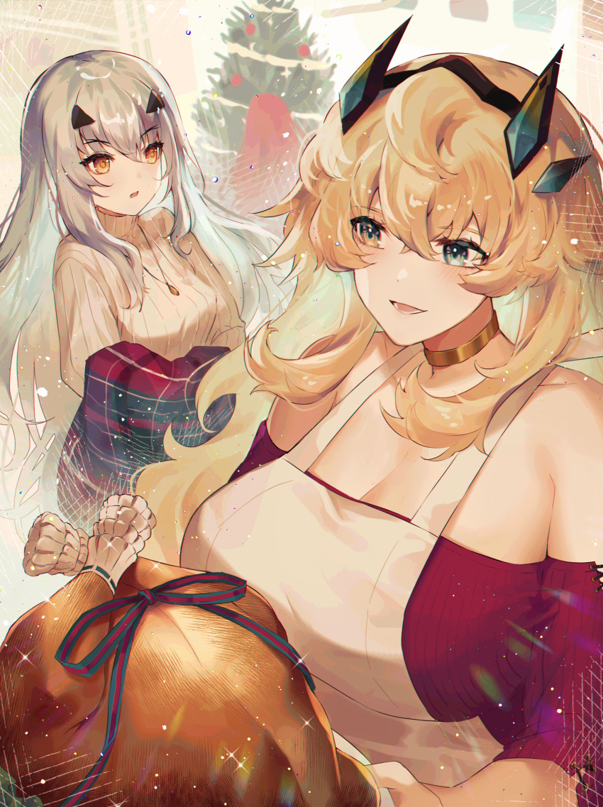 2girls :d absurdres apron blonde_hair blue_eyes breasts character_request cleavage commentary_request fate/grand_order fate_(series) food grey_hair grey_sweater highres jewelry large_breasts long_hair multiple_girls neck_ring off-shoulder_sweater off_shoulder open_mouth red_sweater smile sweater turkey_(food) turtleneck turtleneck_sweater upper_body very_long_hair white_apron yakksan yellow_eyes