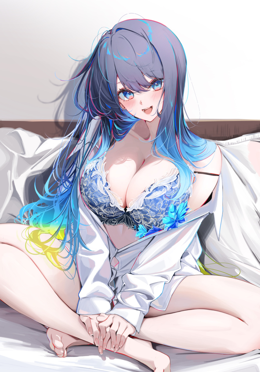 1girl absurdres bare_shoulders blue_bra blue_eyes blue_hair blush bra breasts cleavage commentary_request cropped_legs gradient_hair green_hair highres indian_style komupi lace-trimmed_bra lace_trim large_breasts long_sleeves looking_at_viewer multicolored_hair natsumi_(komupi) off_shoulder open_mouth original partially_unbuttoned shirt sitting sleeves_past_wrists smile solo strap_slip thighs underwear white_shirt