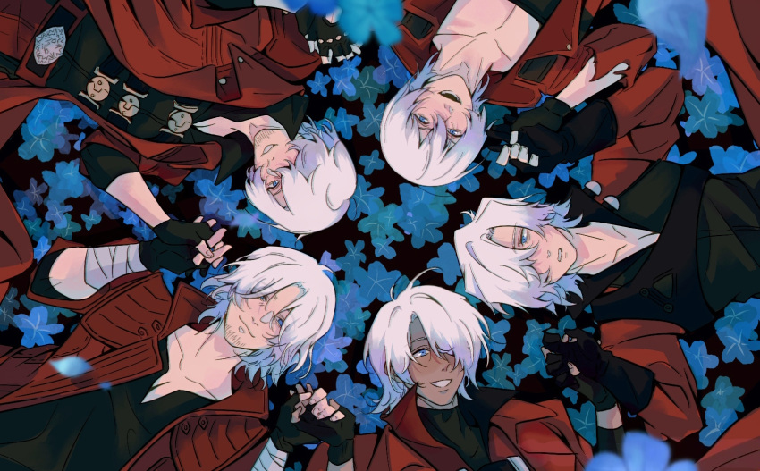 5boys aged_down aged_up black_gloves blue_eyes coat dante_(devil_may_cry) dark-skinned_male dark_skin devil_may_cry_(series) devil_may_cry_1 devil_may_cry_2 devil_may_cry_3 devil_may_cry_4 devil_may_cry_5 fingerless_gloves gloves hair_between_eyes hair_over_one_eye highres holding holding_hands long_hair looking_at_viewer male_focus multiple_boys one_eye_covered open_mouth smile tan vqingzuo1 white_hair