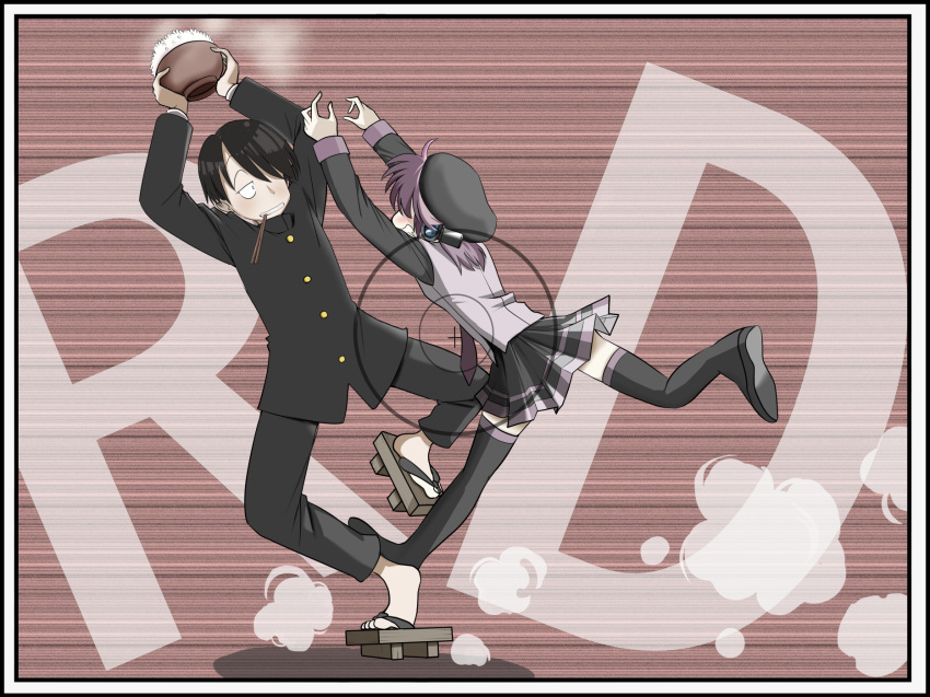 1boy 1girl arms_up beret black_footwear black_hair black_hat black_jacket black_pants black_shirt black_skirt blush bowl brown_background chopsticks chopsticks_in_mouth commentary_request crossover drooling dust_cloud eichi1219 full_body gakuran geta grin hair_over_eyes hair_over_one_eye half-closed_eyes hat highres holding holding_bowl jacket jumping kyuukyoku_choujin_r leaning_back long_hair long_sleeves looking_at_another no_socks one_eye_covered pants pleated_skirt r_tanaka_ichirou reaching rice rice_bowl robot_ears school_uniform shirt short_hair skirt smile speed_lines standing standing_on_one_leg steam trait_connection utane_uta utau vest viewfinder