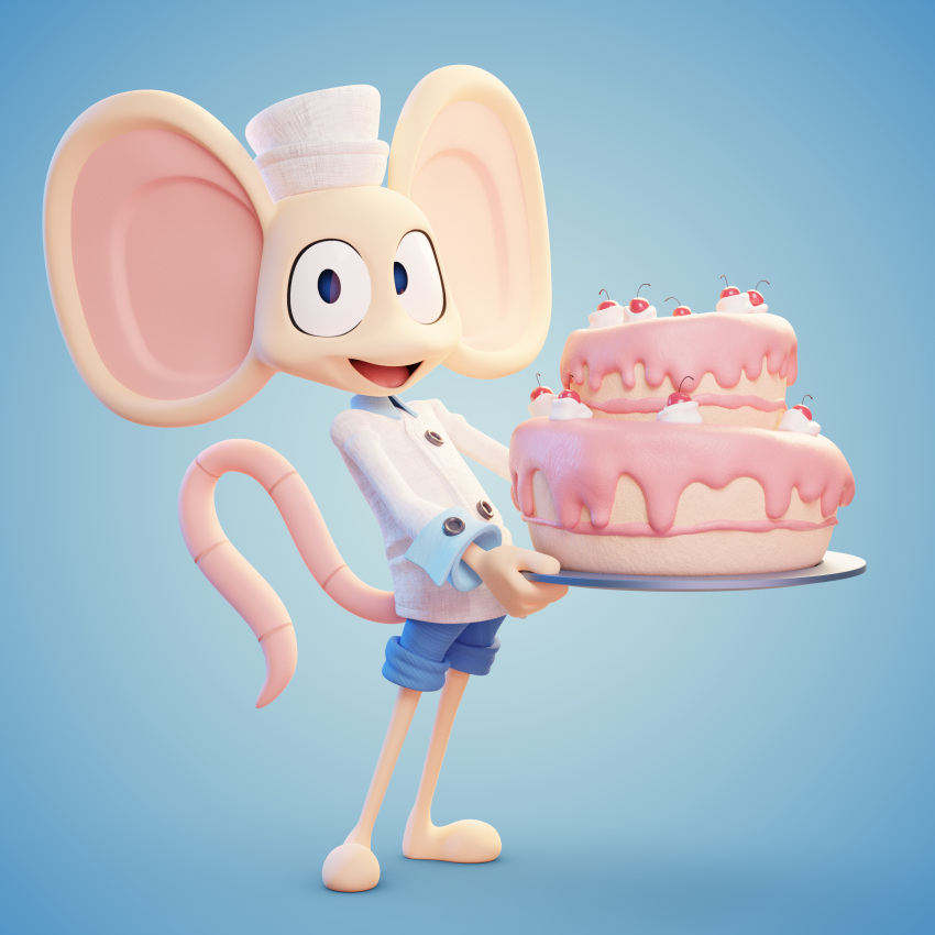 1:1 2024 3d_(artwork) 4_fingers absurd_res anthro barefoot big_ears blender_(software) blender_cycles blue_background blue_bottomwear blue_clothing blue_shorts bottomwear cake chef chef_hat chef_uniform cherry clothing colored dessert digital_media_(artwork) featureless_feet feet fingers food framed51 fruit hat headgear headwear hi_res holding_object holding_plate looking_at_viewer male mammal mouse murid murine noseless open_mouth pink_inner_ear plant rodent round_ears shaded shadow shorts simple_background smile smiling_at_viewer solo tan_body white_uniform