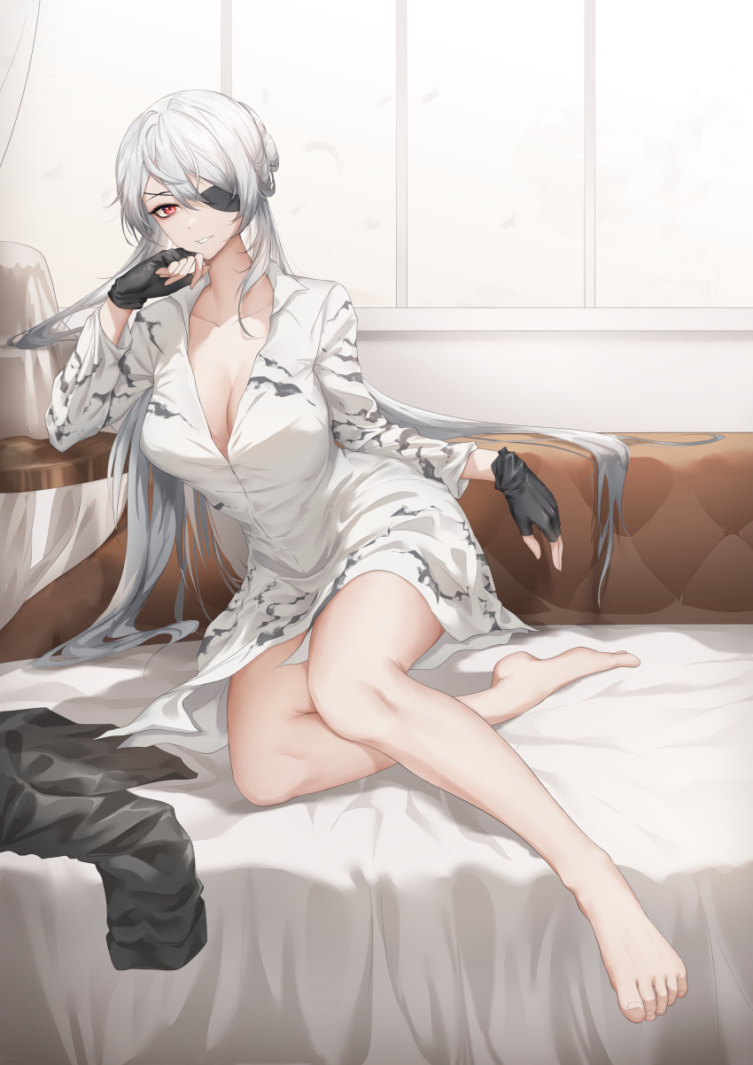 1girl absurdres arm_support barefoot black_gloves breasts cleavage evelyn_(neural_cloud) evelyn_(roaring_center_stage)_(neural_cloud) eyepatch fingerless_gloves full_body girls'_frontline girls'_frontline_neural_cloud gloves highres long_hair looking_at_viewer official_alternate_costume parted_lips partially_undressed red_eyes shirt sitting smile solo thatob unworn_clothes white_hair white_shirt