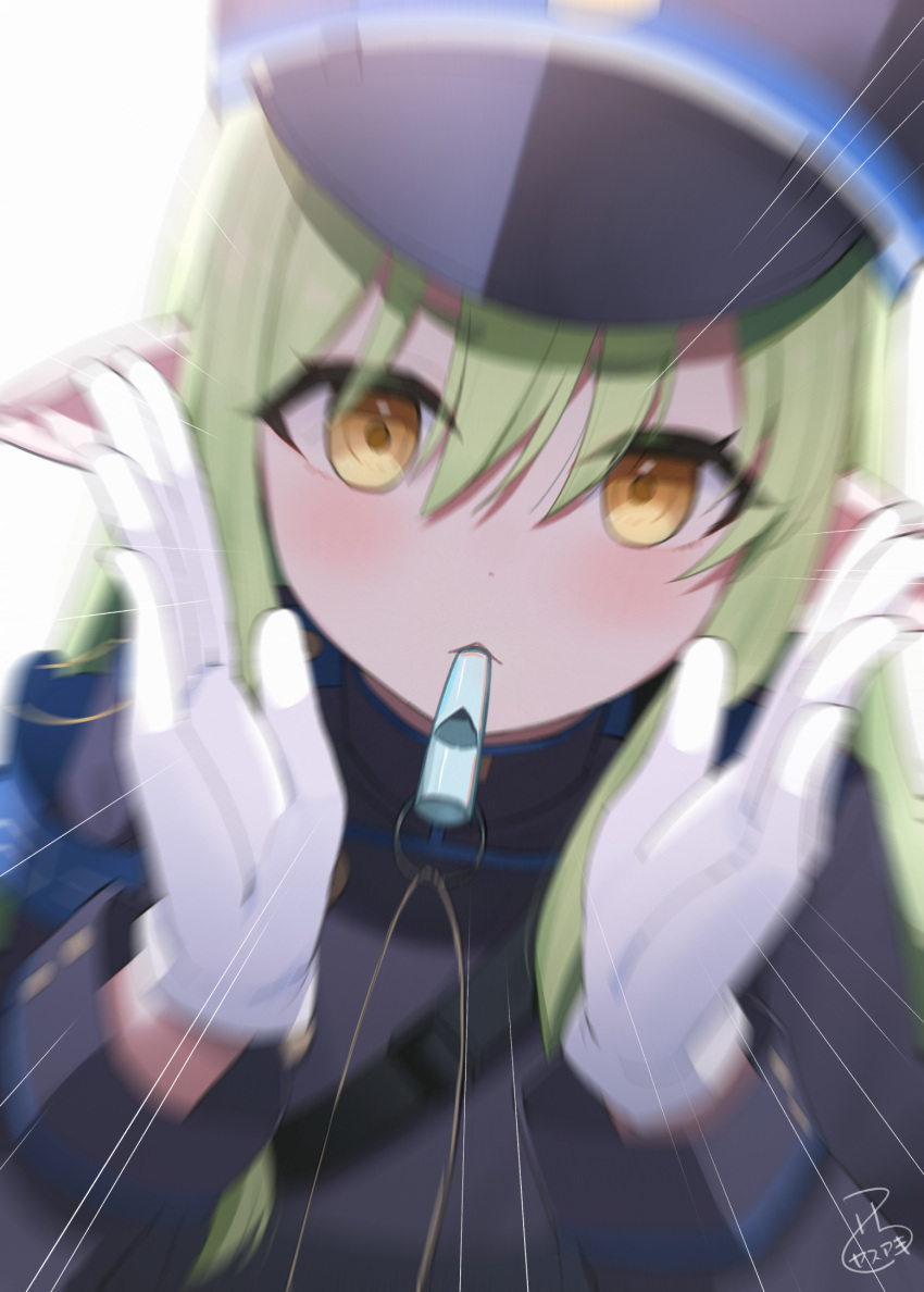 1girl black_hat blue_archive blurry commentary_request gloves green_hair hair_between_eyes hat highlander_sidelocks_conductor_(blue_archive) highres long_hair looking_at_viewer nishi_yasuaki pointy_ears simple_background solo uniform upper_body whistle white_background white_gloves yellow_eyes