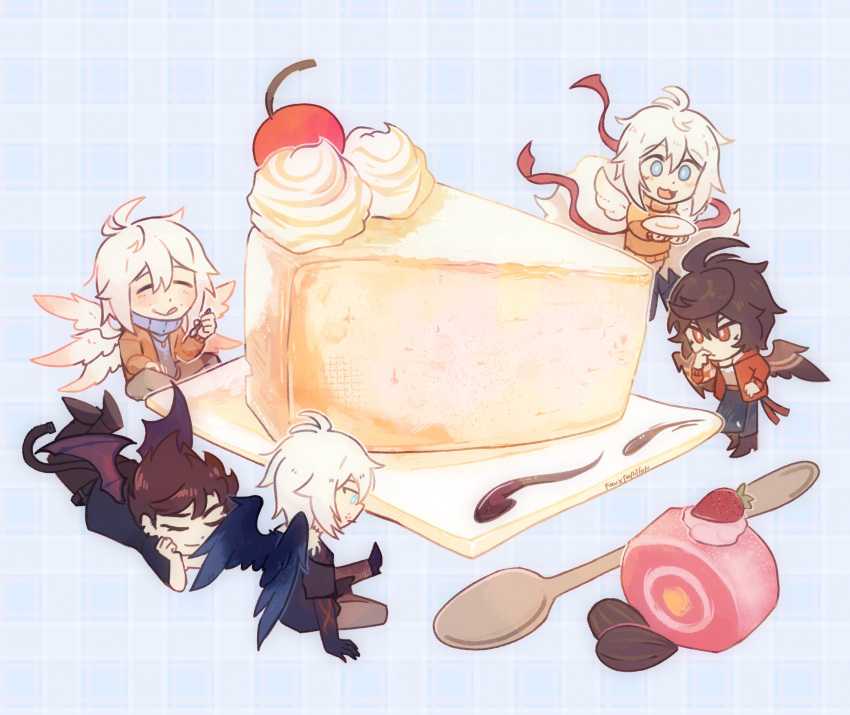 5boys ahoge artist_name bat_wings belial_(granblue_fantasy) black_wings blue_background blue_eyes brown_hair brown_wings cake cake_slice cheesecake cherry chibi closed_eyes coffee_beans eating fauxpapillon feathered_wings food fruit granblue_fantasy hair_between_eyes highres lucifer_(shingeki_no_bahamut) lucilius_(granblue_fantasy) lucio_(granblue_fantasy) lying male_focus messy_hair multiple_boys multiple_wings on_stomach patterned_background plate red_eyes red_ribbon ribbed_sweater ribbon sandalphon_(granblue_fantasy) shirt sitting sleeveless sleeveless_shirt spoon sweater swiss_roll thinking turtleneck turtleneck_sweater whipped_cream white_hair white_wings wings