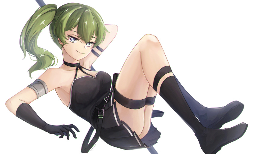 1girl absurdres arm_strap armlet black_dress black_footwear black_gloves blue_eyes boots breasts commentary dress gloves green_hair halter_dress halterneck highres pleated_dress short_dress side_ponytail simple_background sleeveless sleeveless_dress small_breasts solo sousou_no_frieren thigh_strap ubel_(sousou_no_frieren) white_background zeranium_(zeranium17)