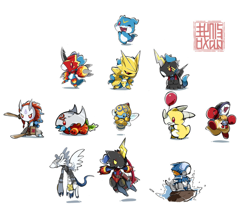 all_fours armor artist_logo balloon black_armor blue_skin bow_(weapon) boxing_gloves chibi colored_skin covered_eyes depthmon digimon digimon_(creature) dragon dual_wielding evolutionary_line fang feathered_wings fladramon gargomon gold_armor gold_skin goldv-dramon highres holding holding_sword holding_weapon honeybeemon horns kangarumon lighdramon magnamon mask red_armor red_eyes red_hair sagittarimon sethmon sharp_teeth simple_background single_horn sword tail teeth v-mon water weapon white_background wings wooden_sword yaksamon yellow_armor youzaiyouzai112