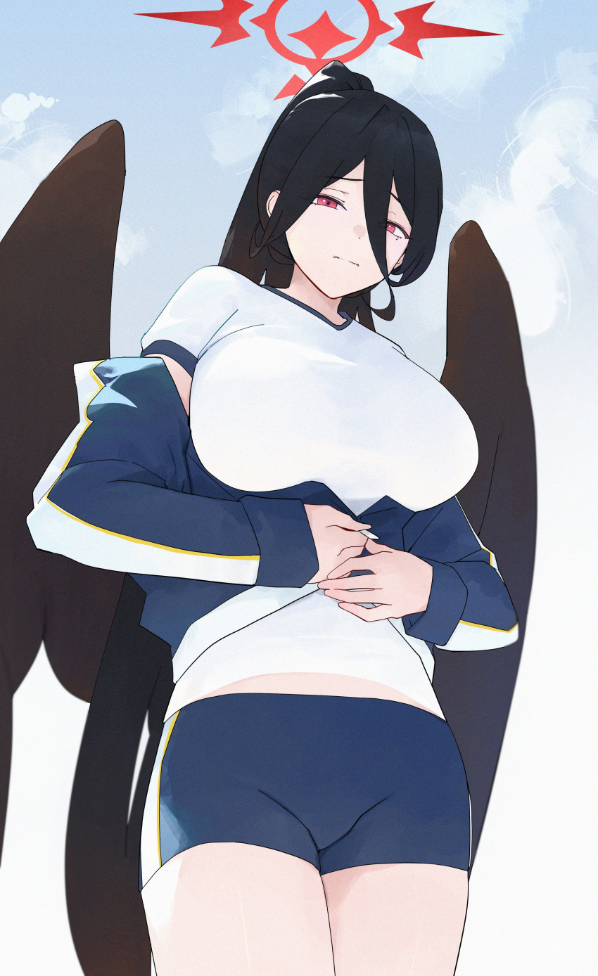 1girl absurdres black_hair black_wings blue_archive blue_jacket blue_shorts breasts closed_mouth cloud cowboy_shot dokshuri from_below gym_shirt gym_shorts gym_uniform hair_between_eyes halo hasumi_(blue_archive) hasumi_(track)_(blue_archive) highres huge_breasts inconvenient_breasts jacket large_breasts long_hair long_sleeves looking_at_viewer looking_down low_wings mole mole_under_eye off_shoulder official_alternate_costume partially_unzipped ponytail red_eyes red_halo shirt short_sleeves shorts sky solo track_jacket undersized_clothes very_long_hair wavy_mouth white_shirt wings zipper_pull_tab