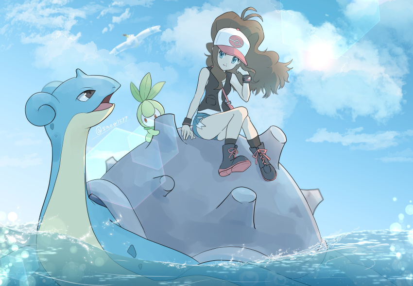 1girl absurdres afloat bare_legs baseball_cap black_footwear blue_eyes blue_sky boots brown_hair closed_mouth cloud commentary_request cross-laced_footwear dot_nose full_body hat high_ponytail highres hilda_(pokemon) horns lapras lens_flare long_hair looking_at_another looking_at_viewer open_mouth outdoors petilil poke_ball_print pokemon pokemon_(creature) pokemon_bw print_headwear shell single_horn sitting sky smile snow_(ffgf7255) tareme water white_hat wingull